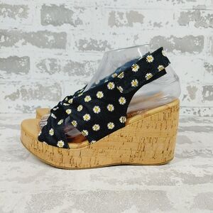 Black Daisy Print Cork Wedge Sandals for Women